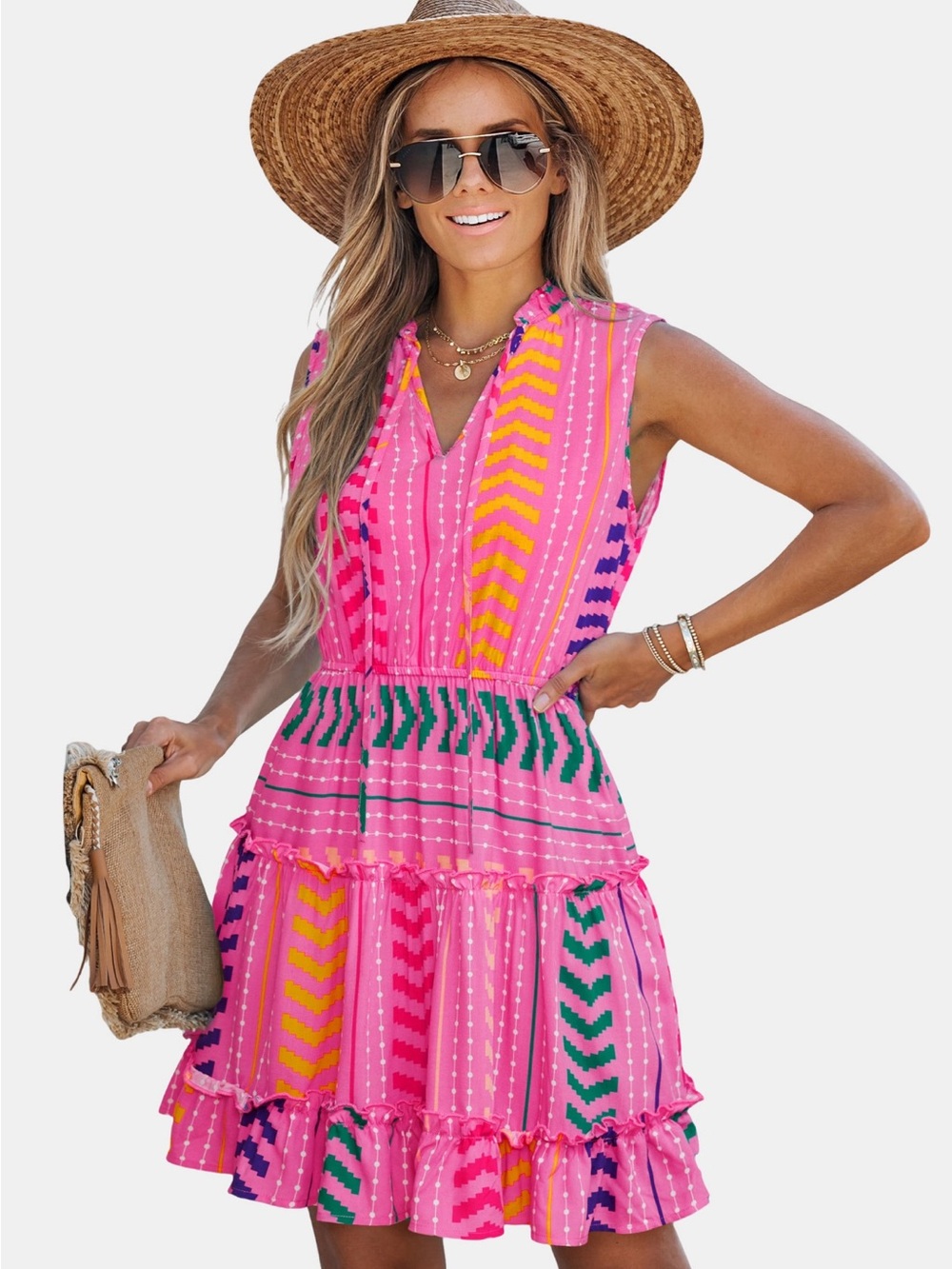 Cupshe NWT M Pink BOHO V-Neck ELASTIC WAIST Swim Cover-Up MINI Dress
